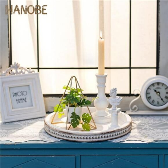 Hanobe Wood Bead Round Tray Whitewashed Rustic Farmhouse Coffee Table Decor - Picture 3 of 7